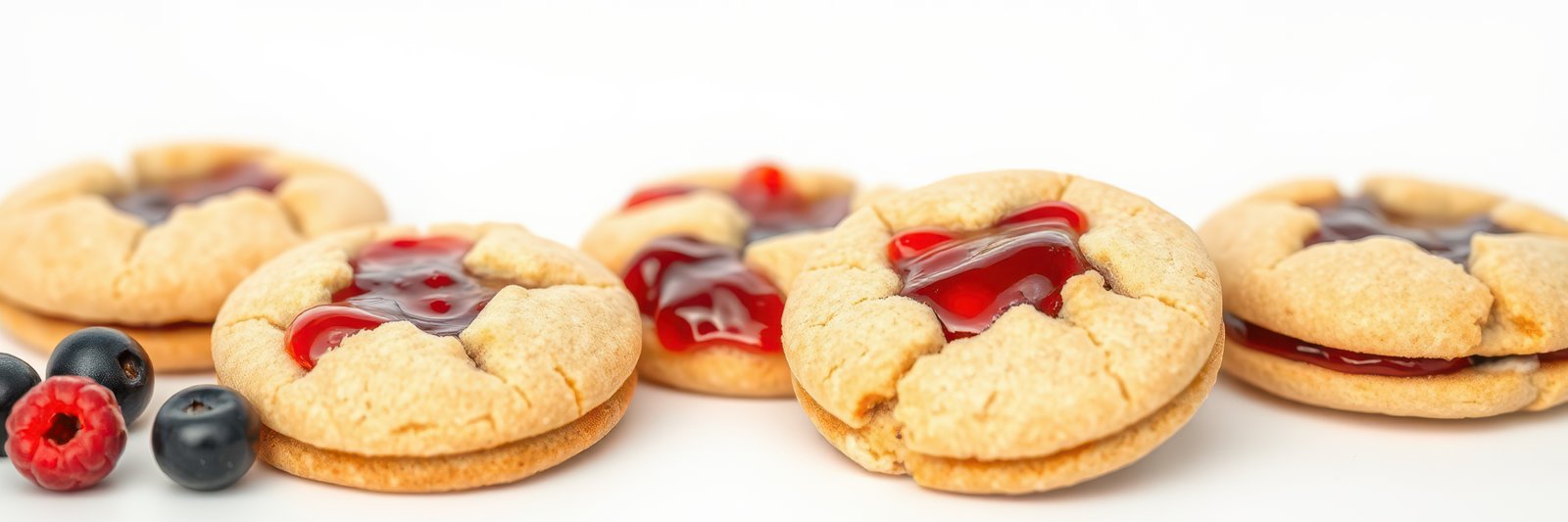 Delicious homemade cookies filled with raspberry and blueberry jam arranged on a white background